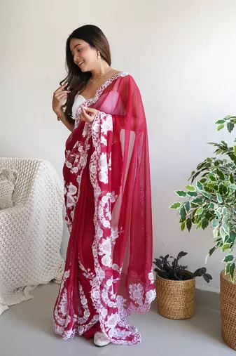 Red thai organza silk blend fancy thread embroidery with cut dana work saree