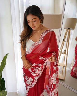 Red thai organza silk blend fancy thread embroidery with cut dana work saree 4