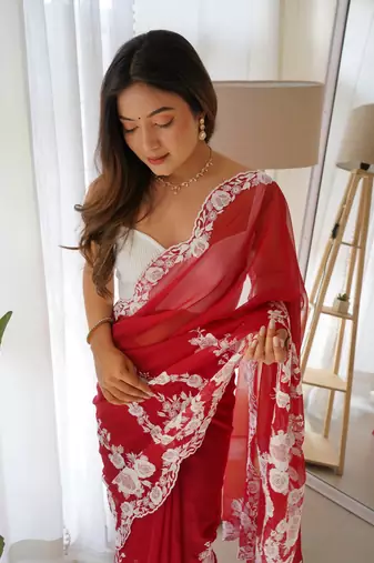 Red thai organza silk blend fancy thread embroidery with cut dana work saree