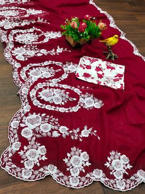 Red thai organza silk blend fancy thread embroidery with cut dana work saree 5