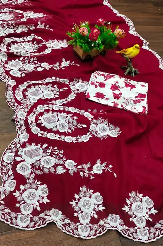 Red thai organza silk blend fancy thread embroidery with cut dana work saree