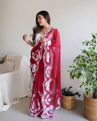 Red thai organza silk blend fancy thread embroidery with cut dana work saree 6