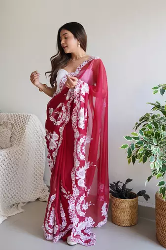 Red thai organza silk blend fancy thread embroidery with cut dana work saree
