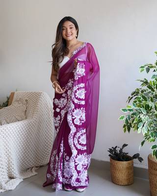 Purple thai organza silk blend fancy thread embroidery with cut dana work saree 3