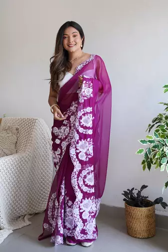 Purple thai organza silk blend fancy thread embroidery with cut dana work saree