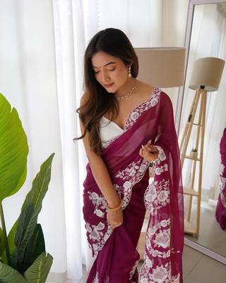 Purple thai organza silk blend fancy thread embroidery with cut dana work saree 1