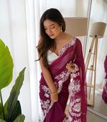 Purple thai organza silk fancy thread embroidery with cut dana work saree