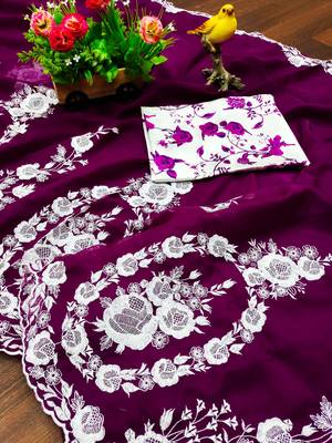 Purple thai organza silk blend fancy thread embroidery with cut dana work saree 4