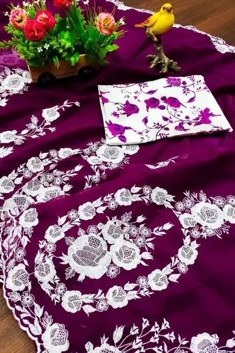 Purple thai organza silk blend fancy thread embroidery with cut dana work saree