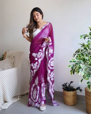Purple thai organza silk blend fancy thread embroidery with cut dana work saree 5