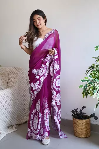 Purple thai organza silk blend fancy thread embroidery with cut dana work saree