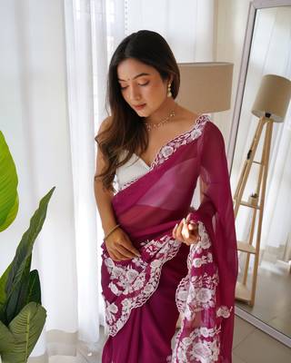 Purple thai organza silk blend fancy thread embroidery with cut dana work saree 6