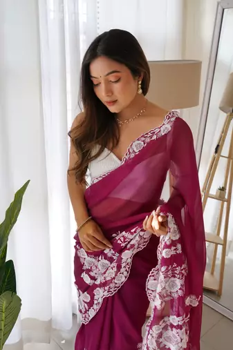 Purple thai organza silk blend fancy thread embroidery with cut dana work saree