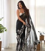 Black thai organza silk fancy thread embroidery with cut dana work saree