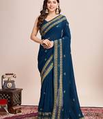 Teal blue vichitra silk girlie looks embroidery work wedding season saree