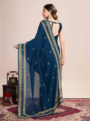 Teal blue vichitra silk blend girlie looks embroidery work wedding season saree 2
