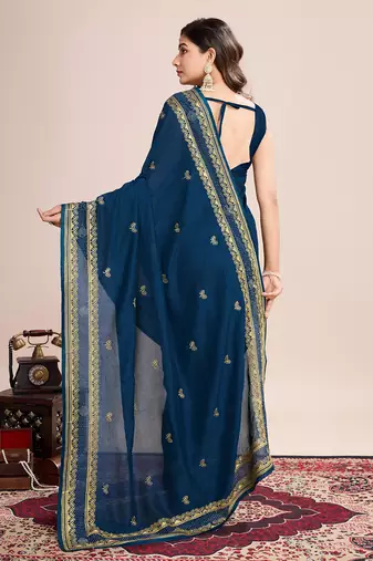 Teal blue vichitra silk blend girlie looks embroidery work wedding season saree