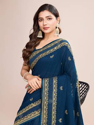 Teal blue vichitra silk blend girlie looks embroidery work wedding season saree 3