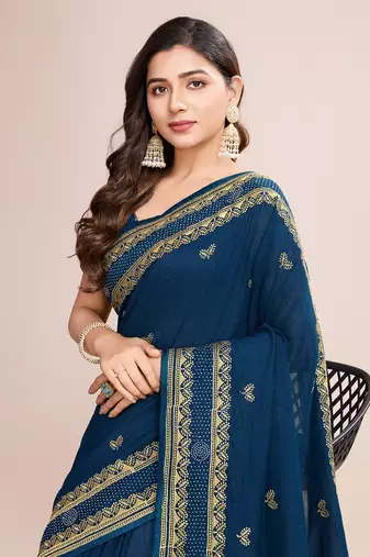 Teal blue vichitra silk blend girlie looks embroidery work wedding season saree