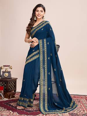 Teal blue vichitra silk blend girlie looks embroidery work wedding season saree 5