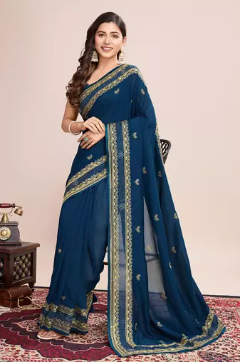 Teal blue vichitra silk blend girlie looks embroidery work wedding season saree