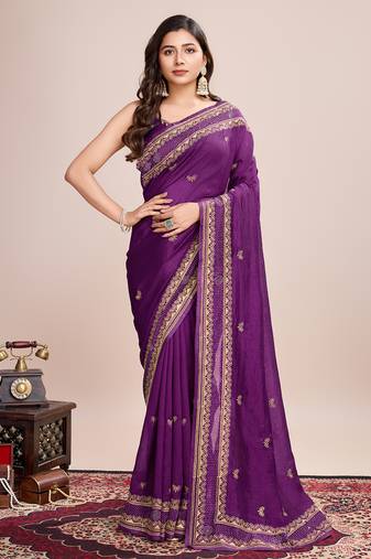 Violet vichitra silk girlie looks designer embroidery work wedding season saree