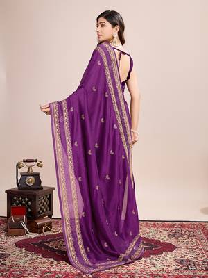 Violet vichitra silk blend girlie looks embroidery work wedding season saree 2