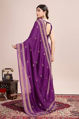Violet vichitra silk blend girlie looks embroidery work wedding season saree