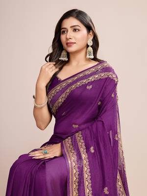 Violet vichitra silk blend girlie looks embroidery work wedding season saree 3
