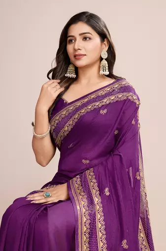 Violet vichitra silk blend girlie looks embroidery work wedding season saree