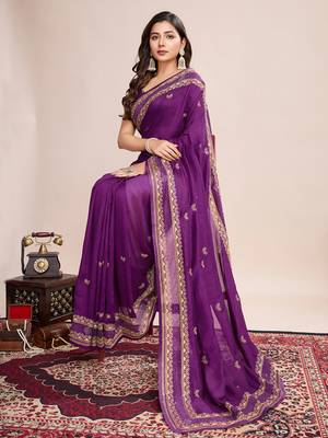 Violet vichitra silk blend girlie looks embroidery work wedding season saree 5