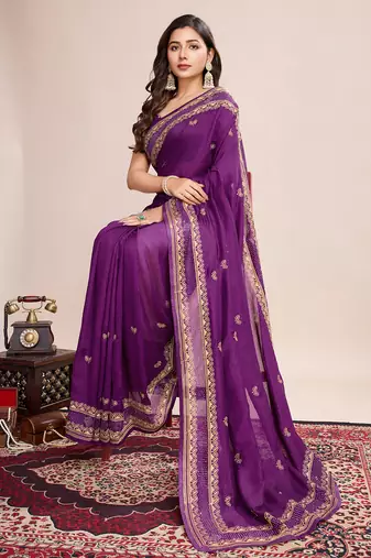 Violet vichitra silk blend girlie looks embroidery work wedding season saree