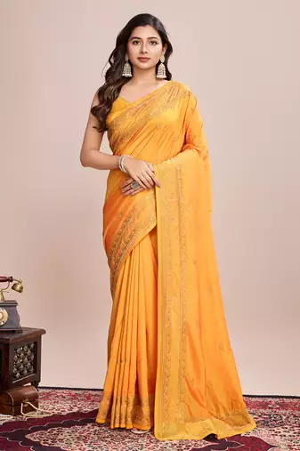 Mustard vichitra silk girlie looks designer embroidery work wedding season saree