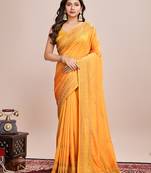 Mustard vichitra silk girlie looks embroidery work wedding season saree