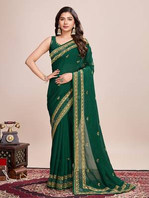 Green vichitra silk blend girlie looks embroidery work wedding season saree 1