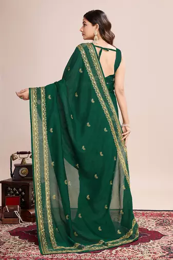 Green vichitra silk blend girlie looks embroidery work wedding season saree