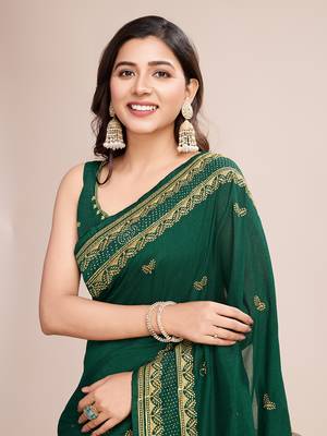 Green vichitra silk blend girlie looks embroidery work wedding season saree 3