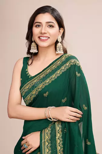 Green vichitra silk blend girlie looks embroidery work wedding season saree