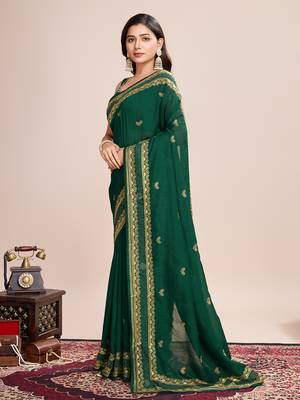 Green vichitra silk blend girlie looks embroidery work wedding season saree 5