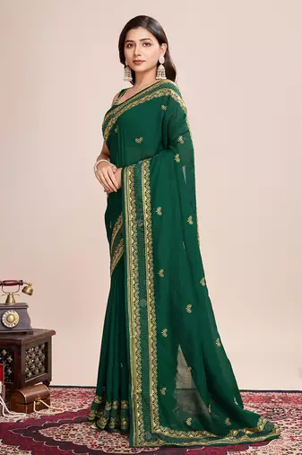 Green vichitra silk blend girlie looks embroidery work wedding season saree