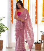Pink satin georgette c sequins embroidery work ethnic partywear saree