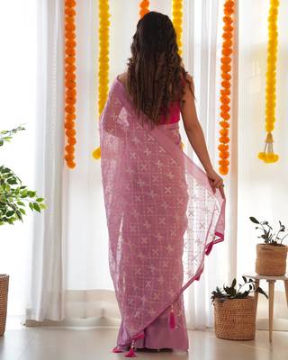 Pink satin georgette c sequins embroidery work ethnic partywear saree 2