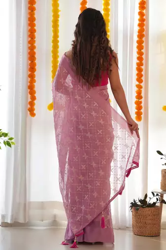 Pink satin georgette c sequins embroidery work ethnic partywear saree