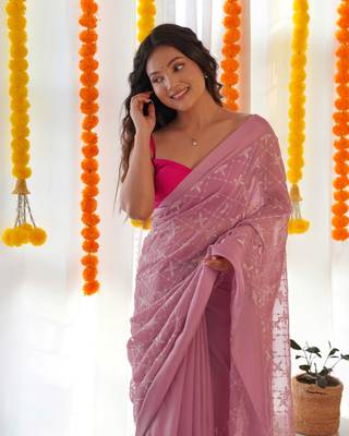 Pink satin georgette c sequins embroidery work ethnic partywear saree 3