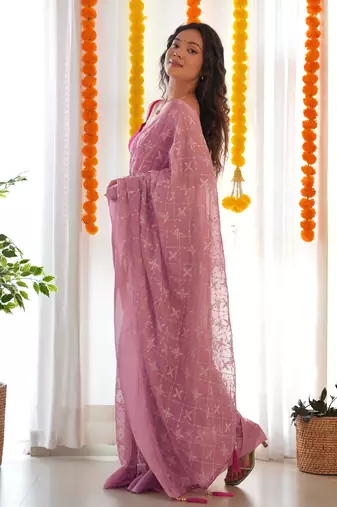 Pink satin georgette c sequins embroidery work ethnic partywear saree