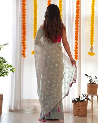 Grey satin georgette c sequins embroidery work ethnic partywear saree 2