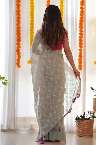 Grey satin georgette c sequins embroidery work ethnic partywear saree