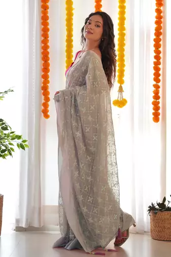 Grey satin georgette c sequins embroidery work ethnic partywear saree