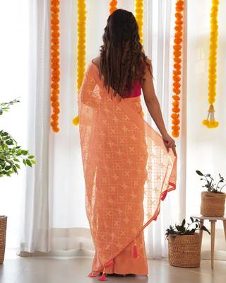 Orange satin georgette c sequins embroidery work ethnic partywear saree 2