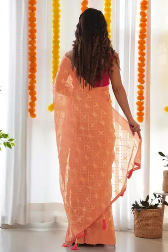 Orange satin georgette c sequins embroidery work ethnic partywear saree